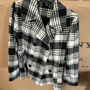 George Women's Black and White Plaid Pea Coat